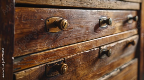 Close-up of a rustic wooden dresser with vintage drawer handles, showcasing intricate craftsmanship and a timeless, classic design.