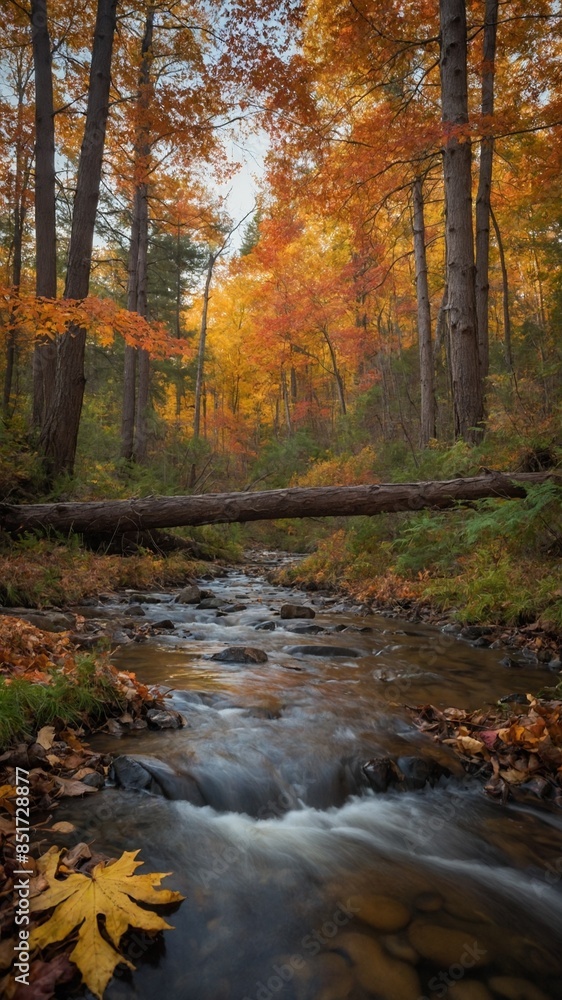 Serene stream makes its way through forest, trees adorned with autumn foliage. Leaves display vibrant palette of orange, yellow, red. Log, fallen long ago, bridges stream. Trees reach towards sky. Serene stream makes its way through forest, trees adorned with autumn foliage. Leaves display vibrant palette of orange, yellow, red. Log, fallen long ago, bridges stream. Trees reach towards sky.