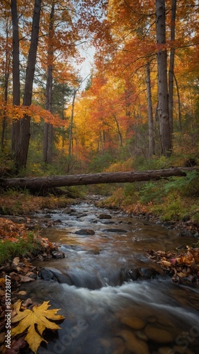 Serene stream makes its way through forest, trees adorned with autumn foliage. Leaves display vibrant palette of orange, yellow, red. Log, fallen long ago, bridges stream. Trees reach towards sky.
