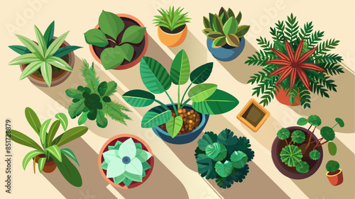 Set Of Various Potted House Plants. Top Plan View. Isolated Template For Interior Scene