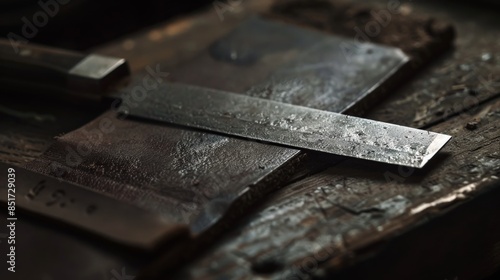 Close-up of a vintage knife on a rustic wooden bench in a dark, moody setting highlighting its texture and craftsmanship.