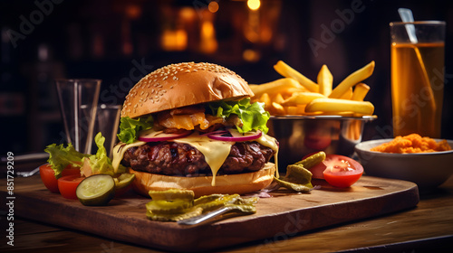 Beef burger with cheese vegetables with Coke fries food photography poster background
