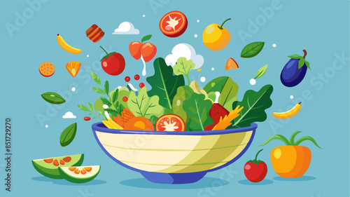 Vegetable salad in a bowl with flying ingredients and drops of olive oil.