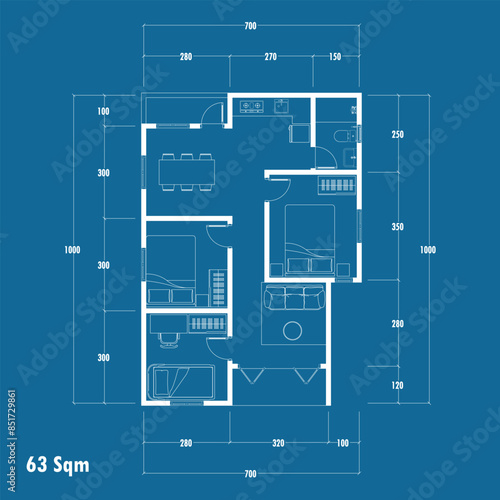 Floor plan blueprint type 63 sqm, Figure of the jotting sketch of the construction and the industrial skeleton of the structure and dimensions. vector eps 10