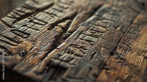 Close-up of an antique woodblock with intricate carvings used in traditional printing, showcasing beautiful craftsmanship and historical artistry.