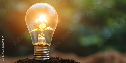 Illuminated light bulb with coins growing from soil symbolizing financial growth. Concept Financial Growth, Money Growth, Symbols, Illuminated Light Bulb, Coins