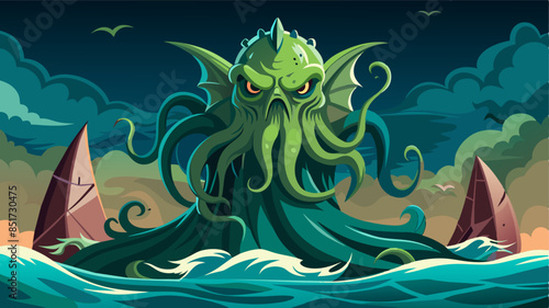 Mysterious monster Cthulhu in the sea, huge tentacles sticking out of the water, landscape. 3d illustration