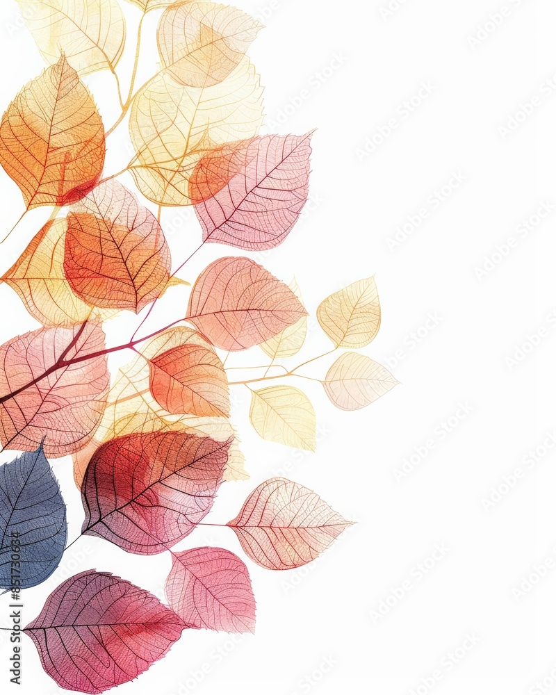 Fototapeta premium Elegant autumn leaves illustration with vibrant shades of red, orange, yellow. Perfect for seasonal designs and nature-themed projects.