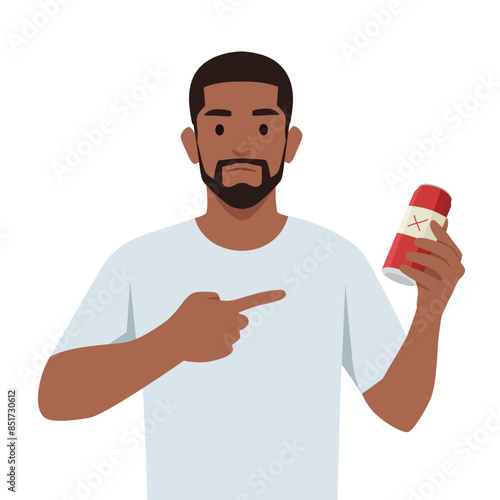 Young man say no to soda drink. Flat vector illustration isolated on white background
