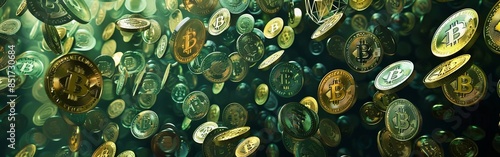 Floating Bitcoin Coins in Dark Background.