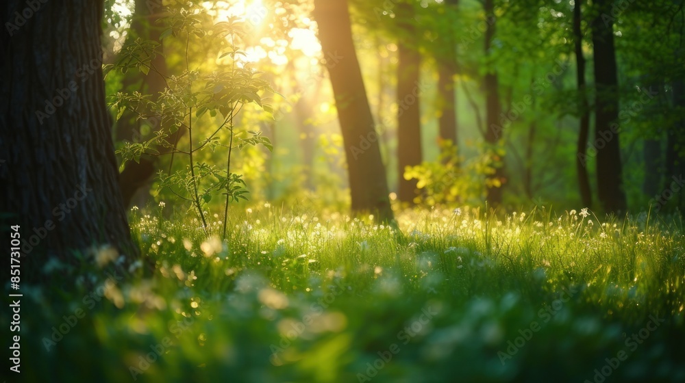 Fototapeta premium Serene forest clearing bathed in sunlight, bordered by tall, sturdy trees. Sunlit forest clearing with lush green grass and trees.