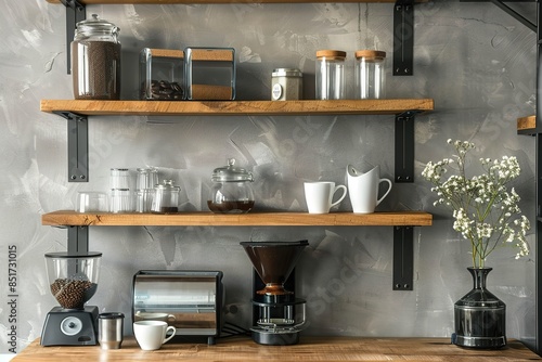 Modern home coffee station with stylish appliances on shelves photo