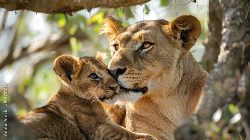 Obraz premium Affectionate Lioness Licking Cub Under Tree Canopy - Heartwarming Wildlife Moment