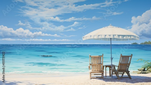 Beach chairs and umbrella, tropical ocean backdrop. Sunny beach with gentle waves under blue sky
