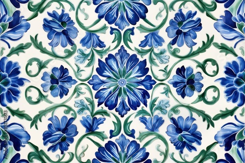 Vibrant floral pattern ceramic tiles with intricate designs. Ethnic folk ceramic tile in talavera style. Navy blue floral Italian pattern.