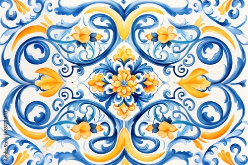 Vibrant floral pattern ceramic tiles with intricate designs. Ethnic folk ceramic tile in talavera style. Navy blue floral Italian pattern.