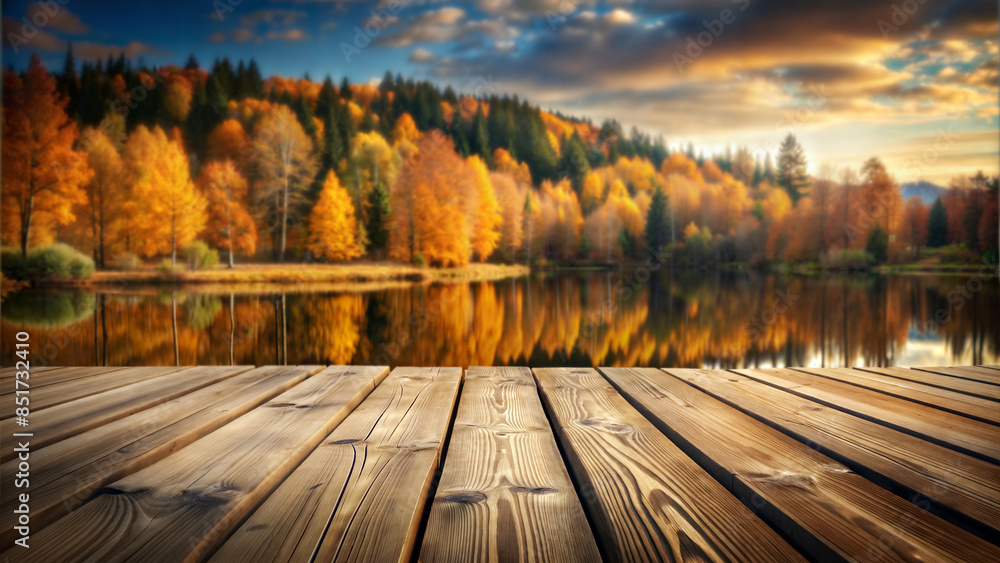 Empty wooden surface on the background blurred of a autumn landscape, lake and colorful trees. Empty space to insert a product or text. Empty wooden surface on the background blurred of a autumn landscape, lake and colorful trees. Empty space to insert a product or text.