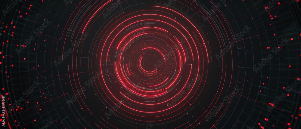 Tech HUD circle design, neon red concentric circles with subtle grid patterns, creating a sense of depth and complexity on a minimalist dark background Tech HUD circle design, neon red concentric circles with subtle grid patterns, creating a sense of depth and complexity on a minimalist dark background