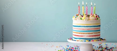 Striped buttercream birthday cake with colorful birthday candles and sprinkles