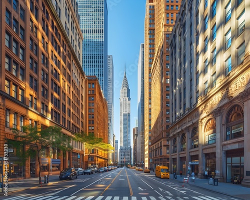 Bustling Financial District with Towering Skyscrapers and Busy City Streets