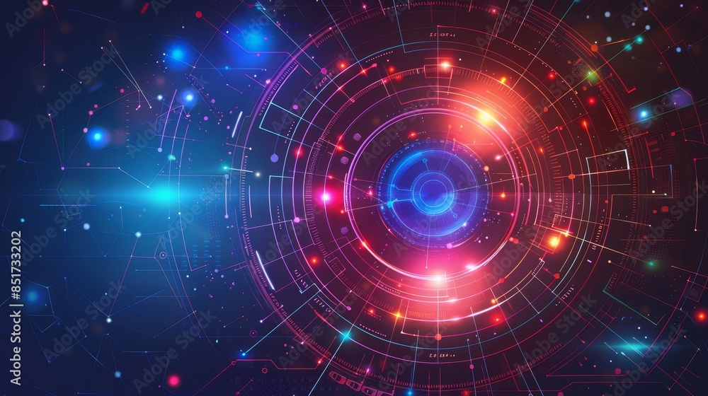 Circular abstract network design with bright connections and technology theme Circular abstract network design with bright connections and technology theme