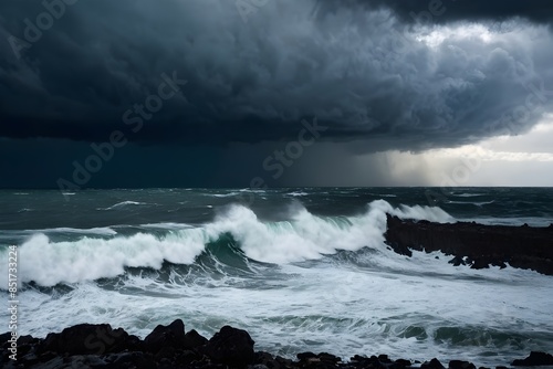 Ocean Waves Crashing On Rocky Coastline