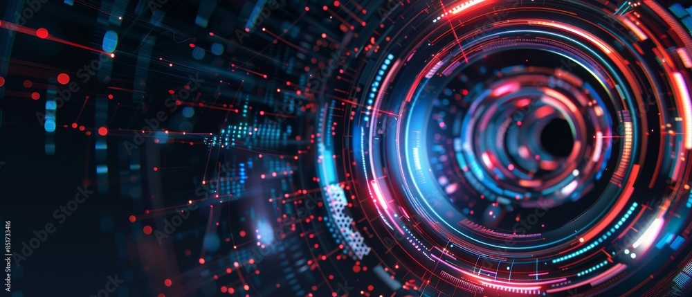 Tech HUD circle design, multi-layered circles with fluctuating data streams, giving a sense of continuous flow and innovation on a minimalist dark background