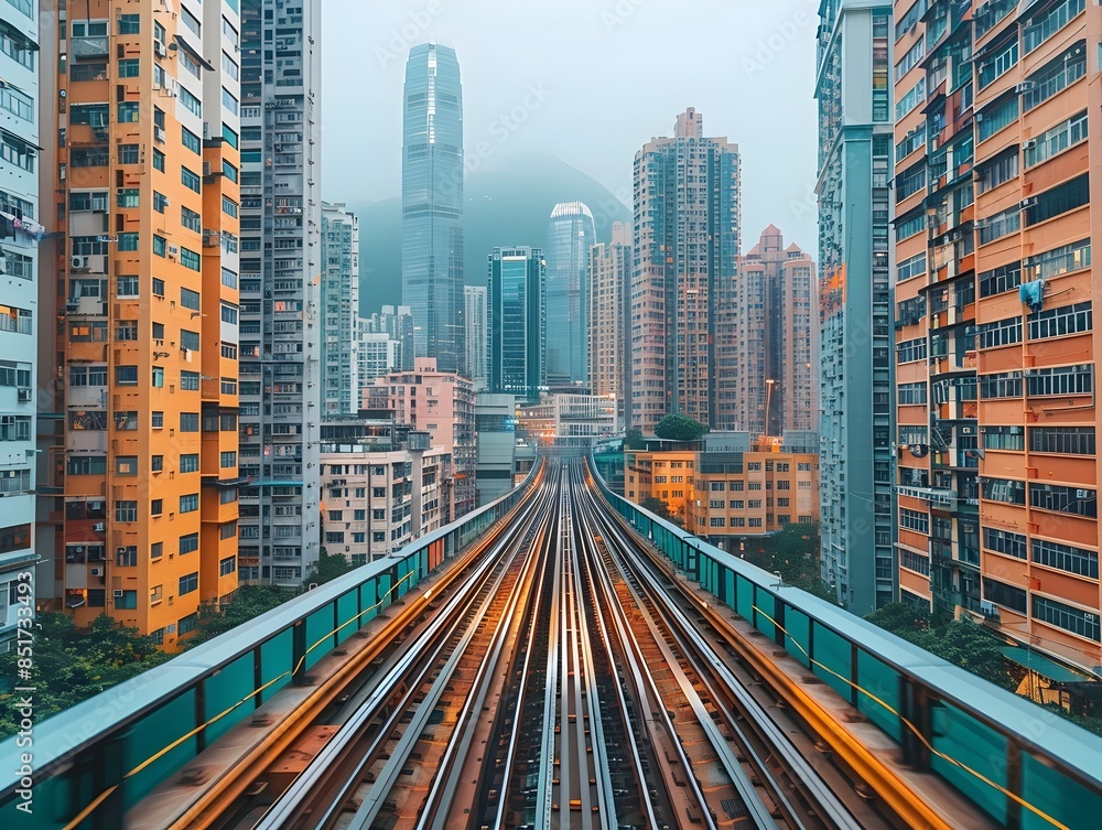 Elevated Train View of Towering Skyscrapers in the Bustling Urban Cityscape Elevated Train View of Towering Skyscrapers in the Bustling Urban Cityscape