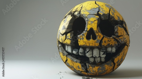Cracked Smiling Skull Pumpkin on Gray Background.