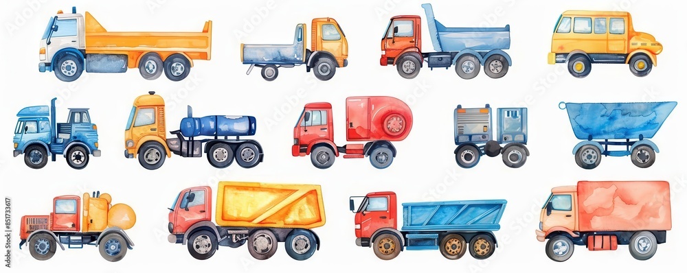 A watercolor painting of a set of 12 trucks. The trucks are all different colors and have different purposes. A watercolor painting of a set of 12 trucks. The trucks are all different colors and have different purposes.