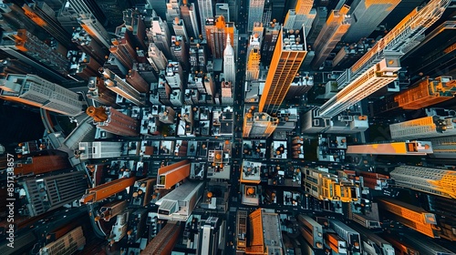 Aerial Panoramic View of Futuristic Cityscape with Towering Skyscrapers and Grid like Streets