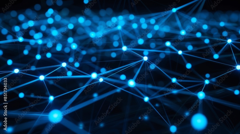 Blue luminous network topologies with circular nodes and lines on a dark background Blue luminous network topologies with circular nodes and lines on a dark background