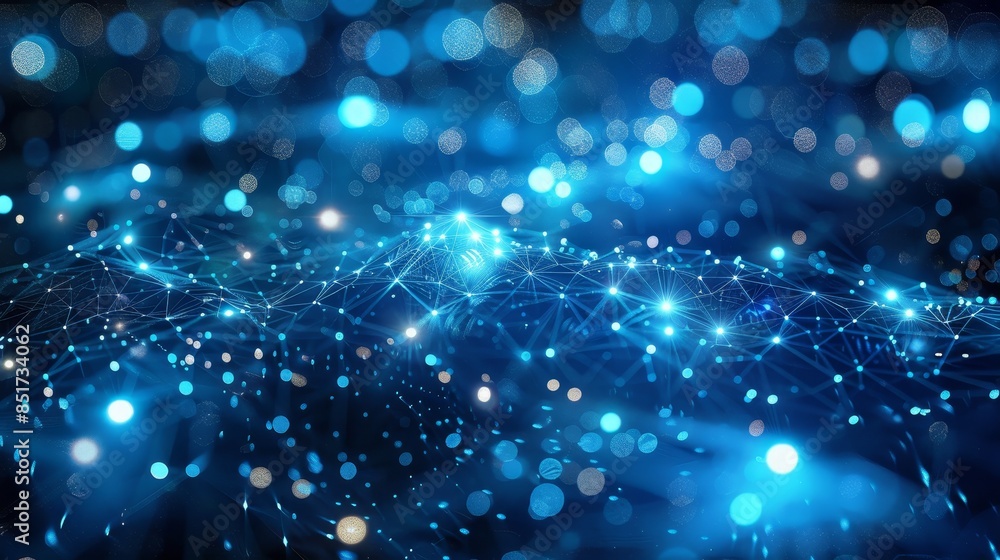 Blue glowing network lines and circular nodes on a dark background Blue glowing network lines and circular nodes on a dark background