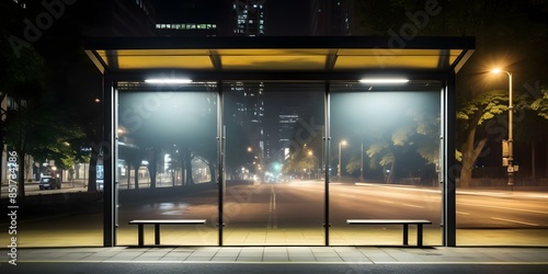 Night city bus stop with blank white modern street billboard mockup. Concept Urban Advertising, City Infrastructure, Outdoor Marketing, Mockup Display