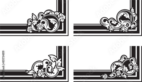 Vintage ornamental page decoration floral designs with leaves, swirls and grapes. Vector flourish corners, baroque design elements, wedding invitation decoration, damask patterns.