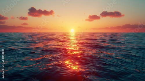 Serene ocean sunset with vibrant colors reflecting on the waves, creating a peaceful and tranquil scene over the horizon.