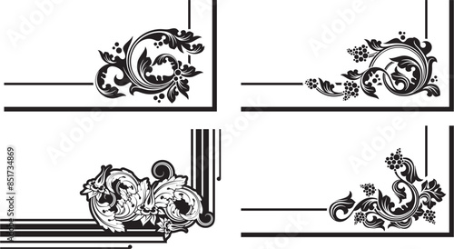 Vintage ornamental page decoration floral designs with leaves, swirls and grapes. Vector flourish corners, baroque design elements, wedding invitation decoration, damask patterns.
