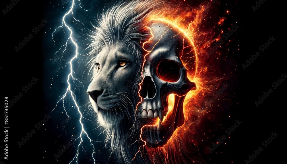 A detailed close-up of a lion standing amidst a raging storm, with lightning illuminating the fiery side and shadows accentuating the skull side. A detailed close-up of a lion standing amidst a raging storm, with lightning illuminating the fiery side and shadows accentuating the skull side.