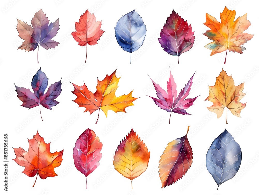 Obraz premium Vibrant Watercolor Autumn Leaves in Rich Hues of Orange and Red on White Background