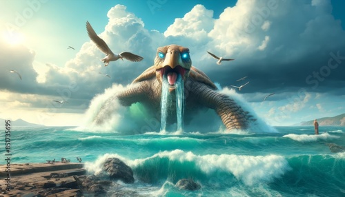A giant turtle creature emerging from the depths of the ocean, with waves crashing around it and seagulls flying overhead. photo