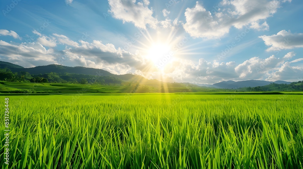 Fototapeta premium Stunning Scenic Landscape of Lush Green Countryside Meadow with Sunlight and Majestic Mountains on