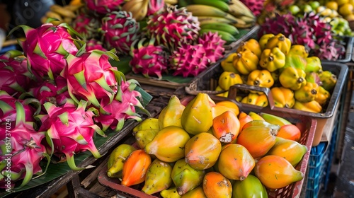 Fototapeta Naklejka Na Ścianę i Meble -  Market stall with exotic fruits, dragon fruit, starfruit