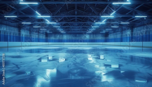 frosty winter ice rink with skate marks and reflections empty arena ready for hockey practice cool blue tones 3d illustration photo