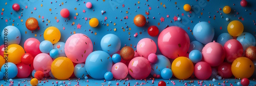 Party balloons and confetti on blue background, celebration concept