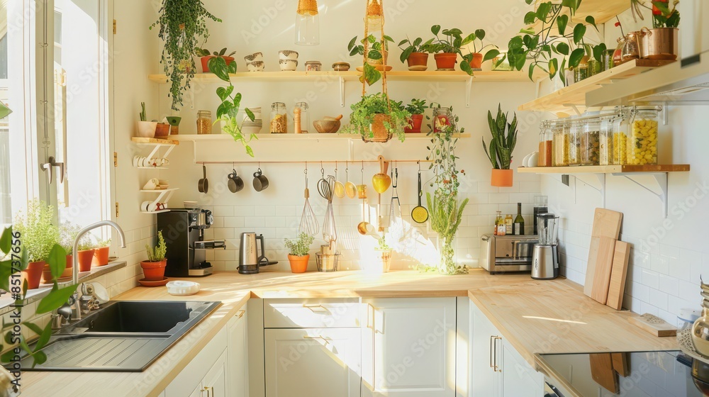 bright Scandinavian-style kitchen with open shelving, a butcher block countertop, and hanging plants, combining functionality with organic beauty bright Scandinavian-style kitchen with open shelving, a butcher block countertop, and hanging plants, combining functionality with organic beauty