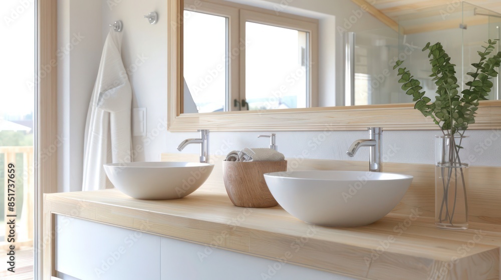 Fototapeta premium bright Scandinavian bathroom with dual vessel sinks, wooden countertops, and a large mirror framed in light wood, creating a spa-like atmosphere