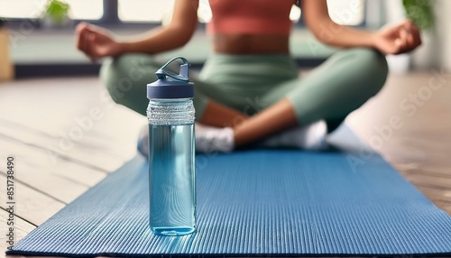 Close-up of water bottle on yoga mat with blurred practitioner photo