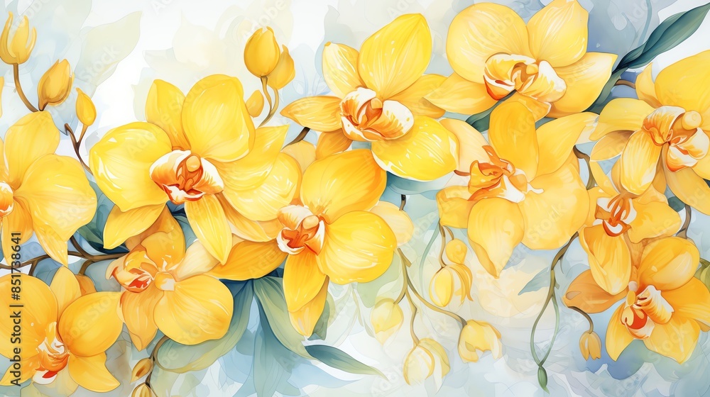 Fototapeta premium Watercolor painting of yellow orchids in bloom.