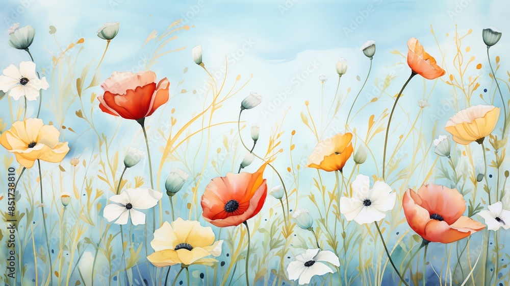 Obraz premium Watercolor painting of a field of red, white, and yellow wildflowers.
