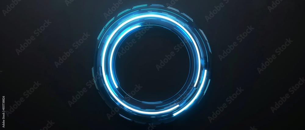 Tech HUD circle design, glowing blue rings with dynamic light pulses, forming a futuristic digital display on a minimalist dark background, highlighting technological Tech HUD circle design, glowing blue rings with dynamic light pulses, forming a futuristic digital display on a minimalist dark background, highlighting technological